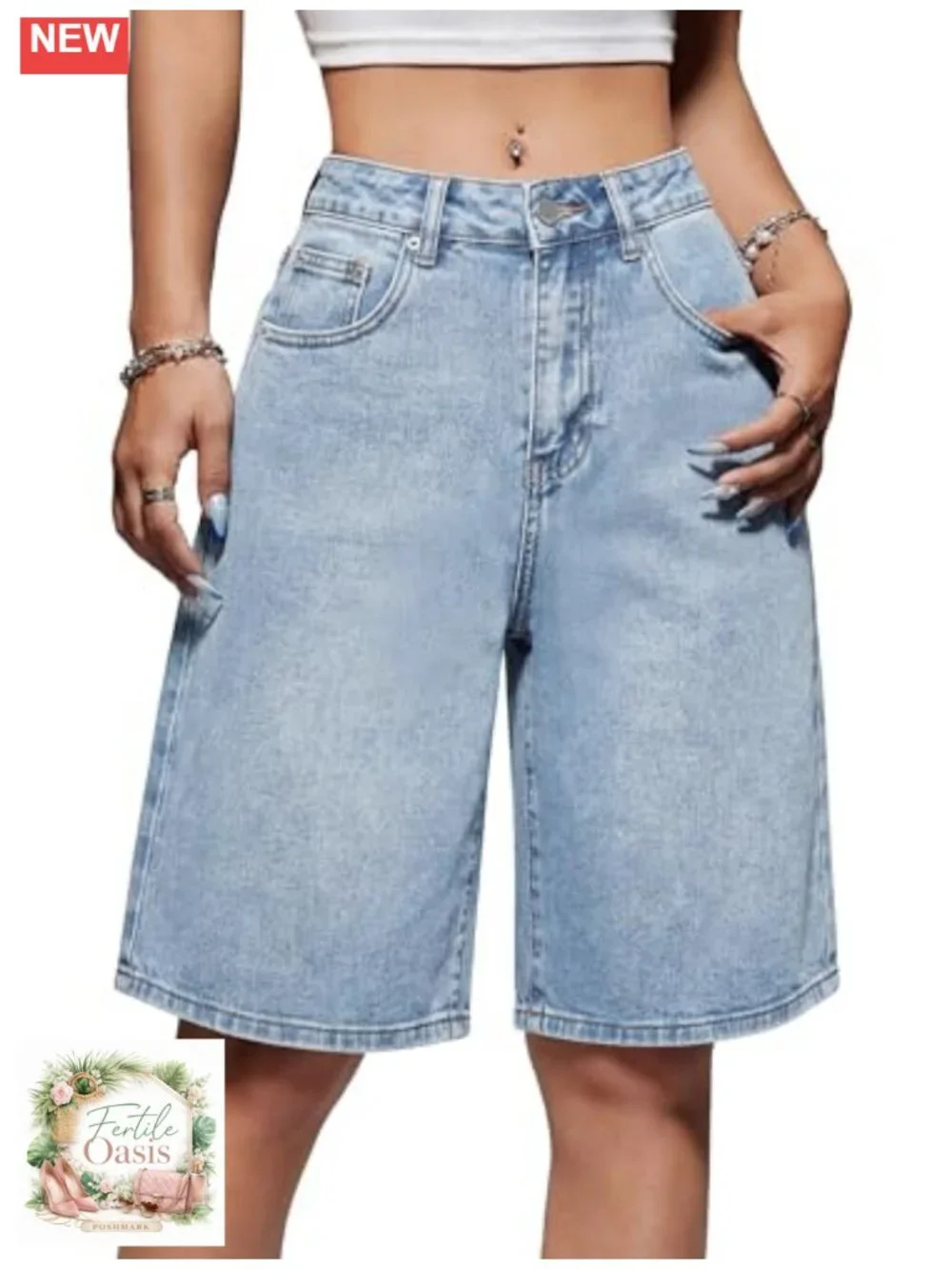 Baggy Wide Leg Long Bermuda Denim Shorts for Women Y2K Streetwear with Pockets
